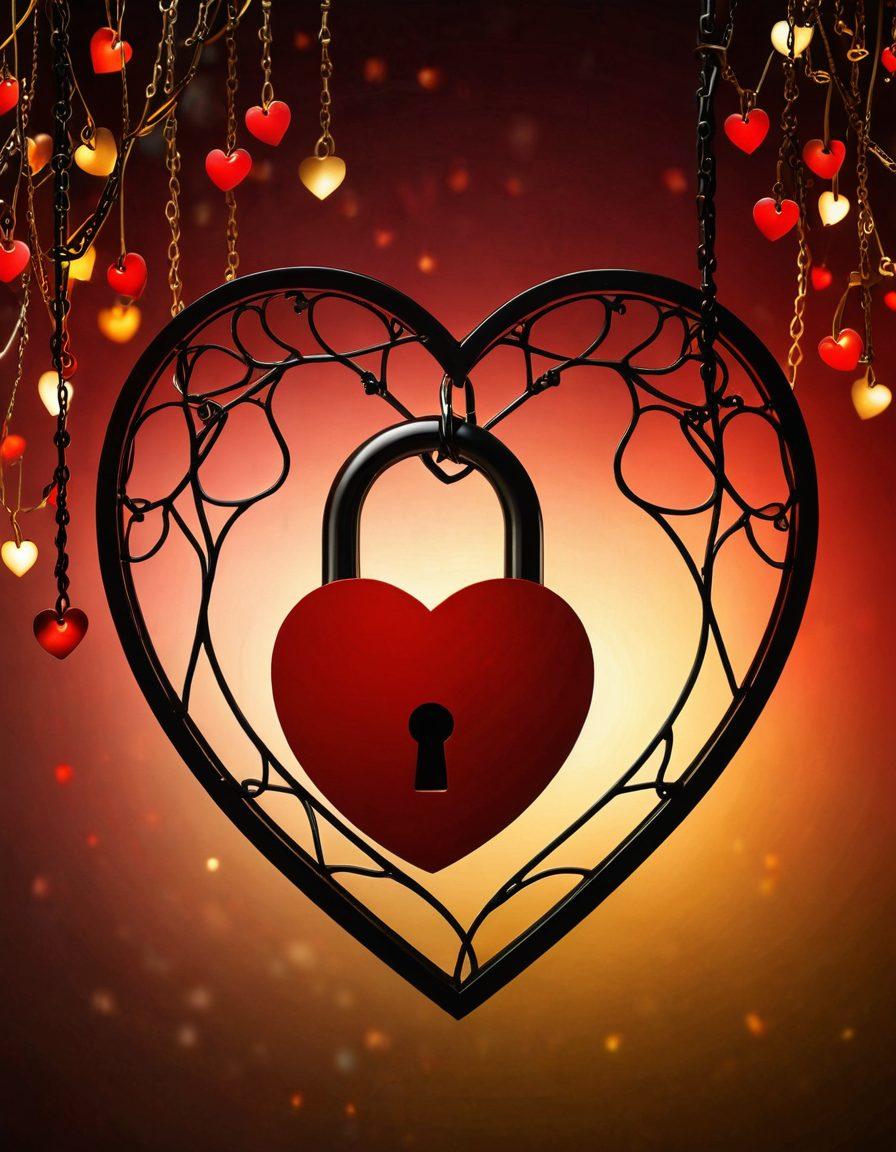 A heart-shaped padlock representing security, intertwined with soft, warm tones of red and gold, symbolizing love and intimacy. In the background, silhouettes of couples embracing, with a subtle aura of light around them to evoke desire and connection. Include elements like a safety net made of hearts to signify protection in relationships. Romantic and inviting atmosphere. super-realistic. vibrant colors. soft lighting.