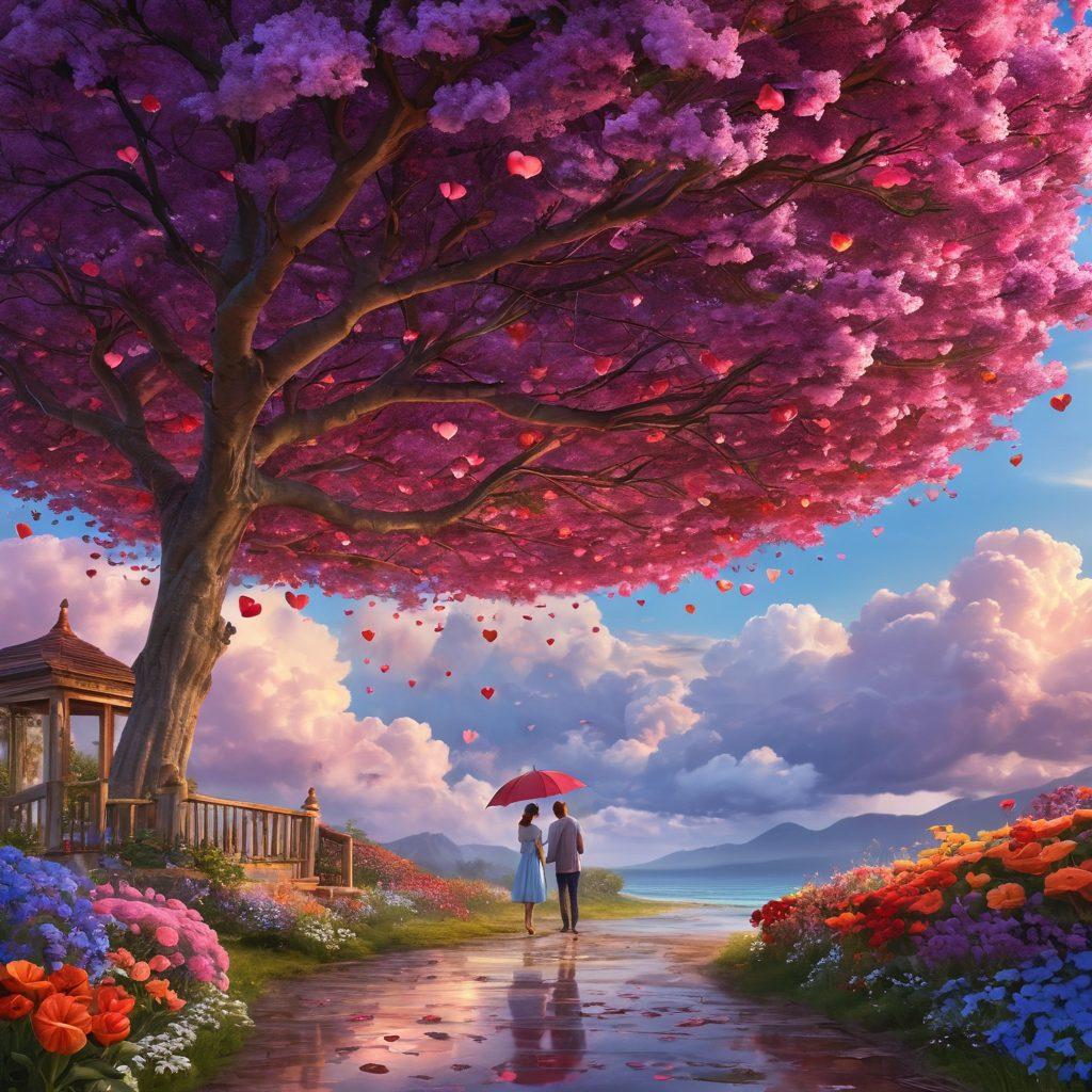 A whimsical landscape featuring playful, dream-like symbols of love and desire: hearts, flowers, and gentle clouds intertwining with playful insurance elements like umbrellas and shields. The background depicts a serene twilight sky, creating a sense of wonder and protection. Include diverse characters joyfully interacting, representing various relationships, united under a symbolic canopy of insurance. Emphasize vibrant colors and intricate details that draw the viewer into this imaginative world. super-realistic. vibrant colors. painting.