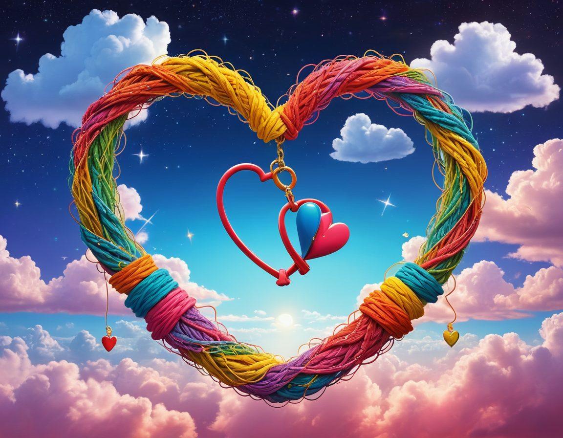 A whimsical illustration blending elements of kink and romance, featuring a heart wrapped in colorful ropes and playful handcuffs, with symbols of insurance like umbrellas and safety nets surrounding it. The background depicts a fantasy world with soft clouds and twinkling stars, inviting a sense of adventure and security. The scene should evoke warmth and curiosity, inviting readers into a unique exploration of relationships. vibrant colors. cartoon style. dreamy atmosphere.